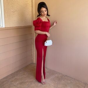 Red Puff-Sleeve Square Neck Maxi Dress
